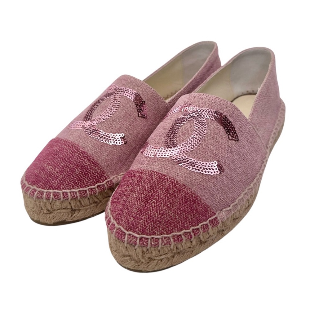 🆕💞CHANEL 2-Tone Pink Canvas & Sequin CC Logo Cap-Toe Espadrilles Flats • EU 37 - Picture 7 of 16